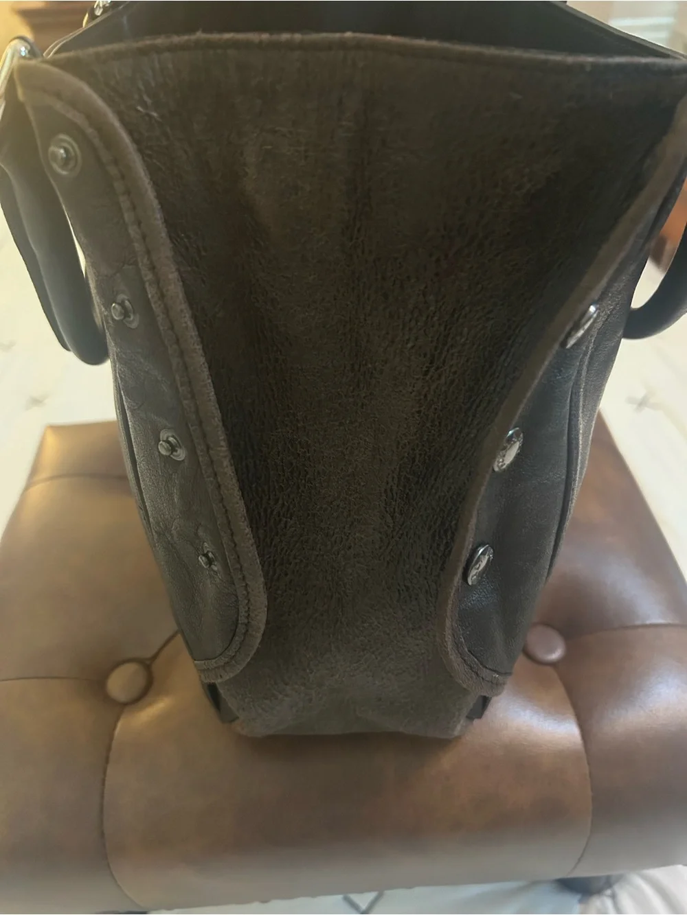 Furla dark brown mixed leather bag with Black Leather handles